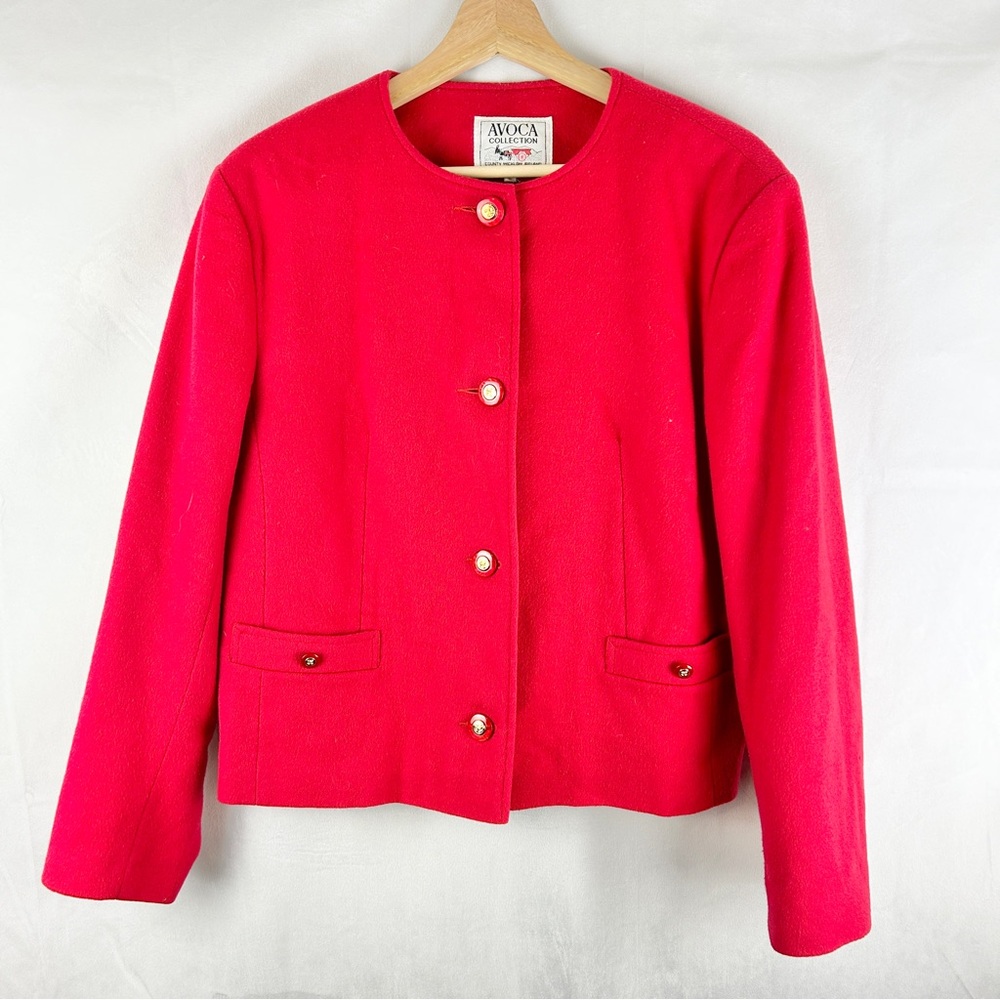 AVOCA Red Wool Cashmere Blazer Jacket Size Lg Ireland‎ Gold Buttons Structured